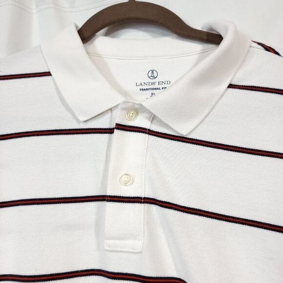 Lands End Polo Mens Shirt Size Xl Striped White Red Navy Used Collared Cotton - Picture 4 of 9